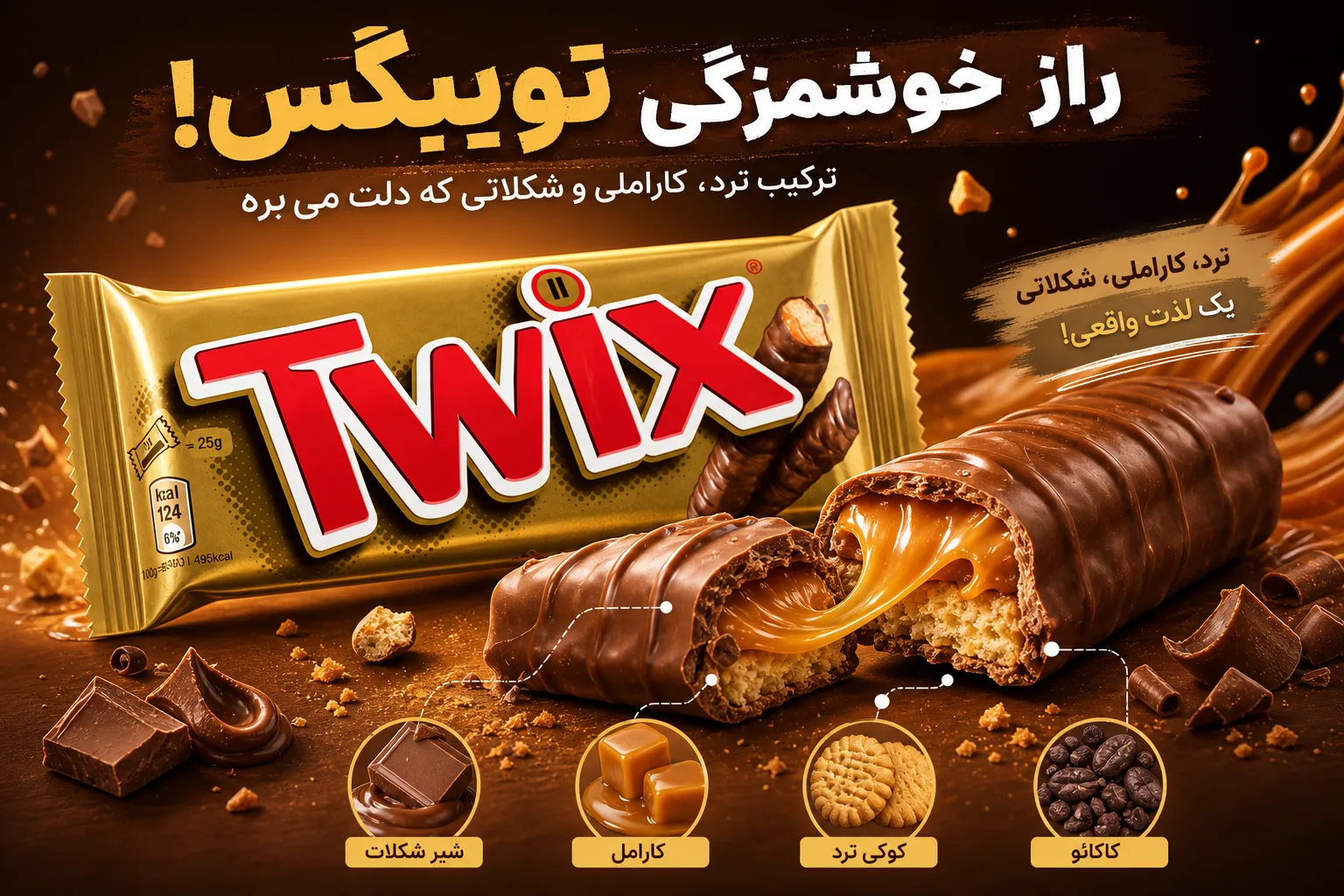 شکلات توییکس Twix | تصویر اول شکلات توییکس Twix؛ نمای تبلیغاتی اول