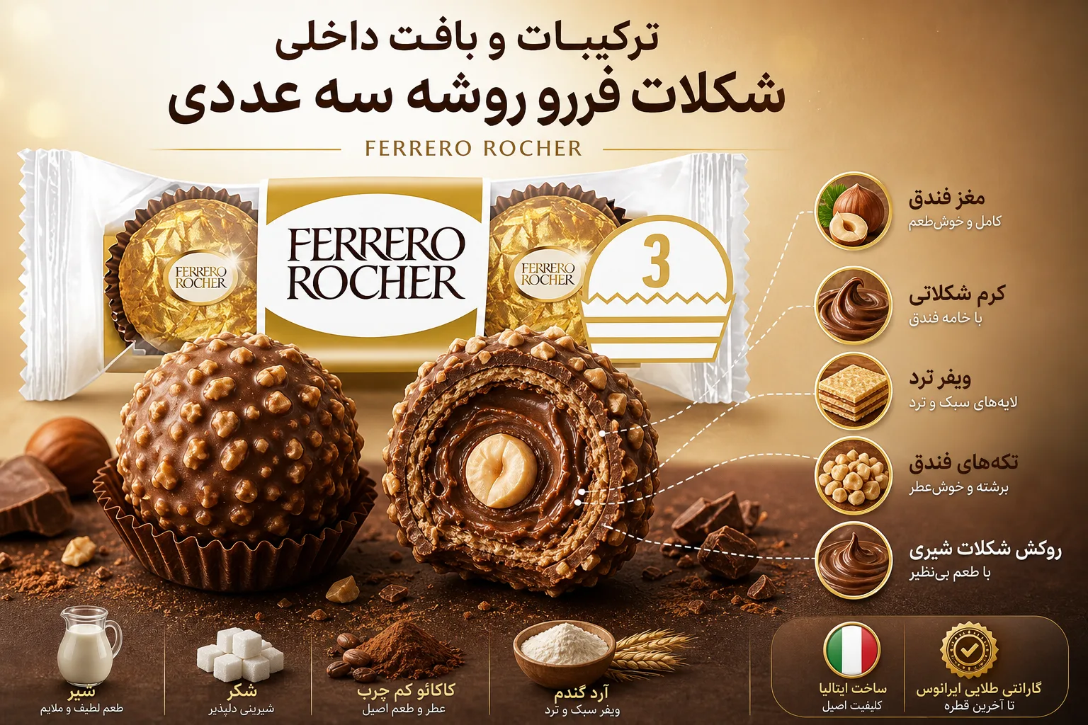 شکلات فررو روشه Ferrero Rocher سه عددی | تصویر اول شکلات فررو روشه Ferrero Rocher سه عددی؛ نمای تبلیغاتی اول