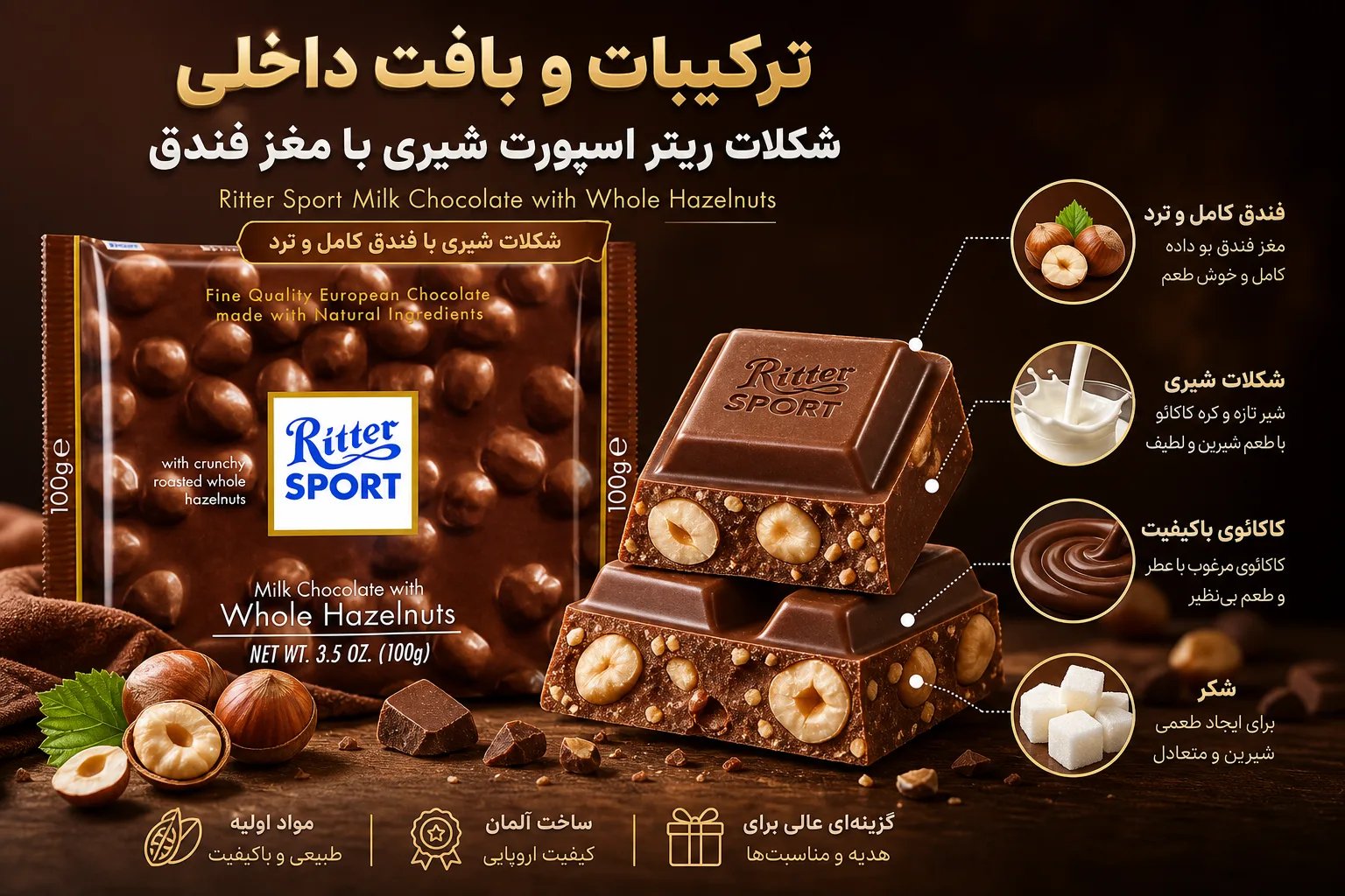شکلات ریتر اسپورت Milk Chocolate با مغز فندق؛ نمای تبلیغاتی اول