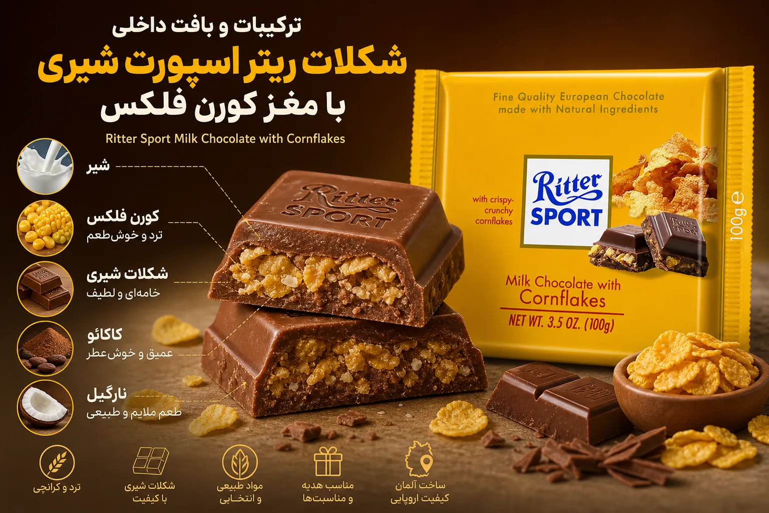 شکلات ریتر اسپورت Milk Chocolate با مغز کورن فلکس؛ نمای تبلیغاتی اول