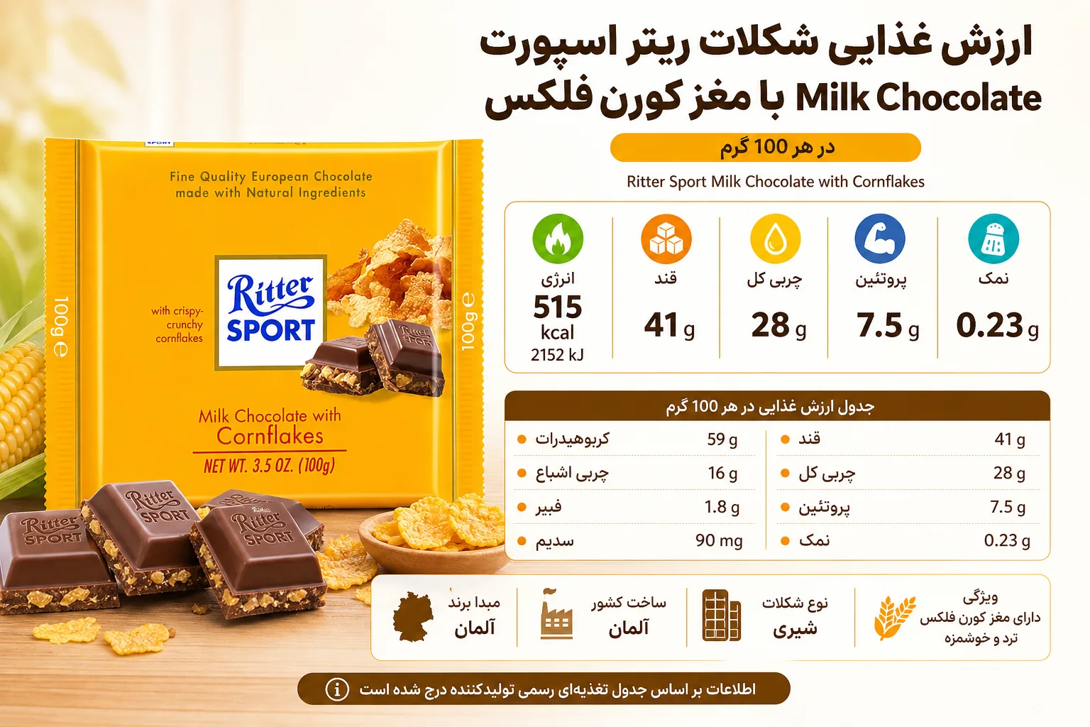 شکلات ریتر اسپورت Milk Chocolate با مغز کورن فلکس؛ نمای تبلیغاتی دوم